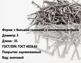 Гвоздь с большой головкой, с коническим остриём 3х35 ГОСТ: ГОСТ 4028-63 оцинкованный винтовой